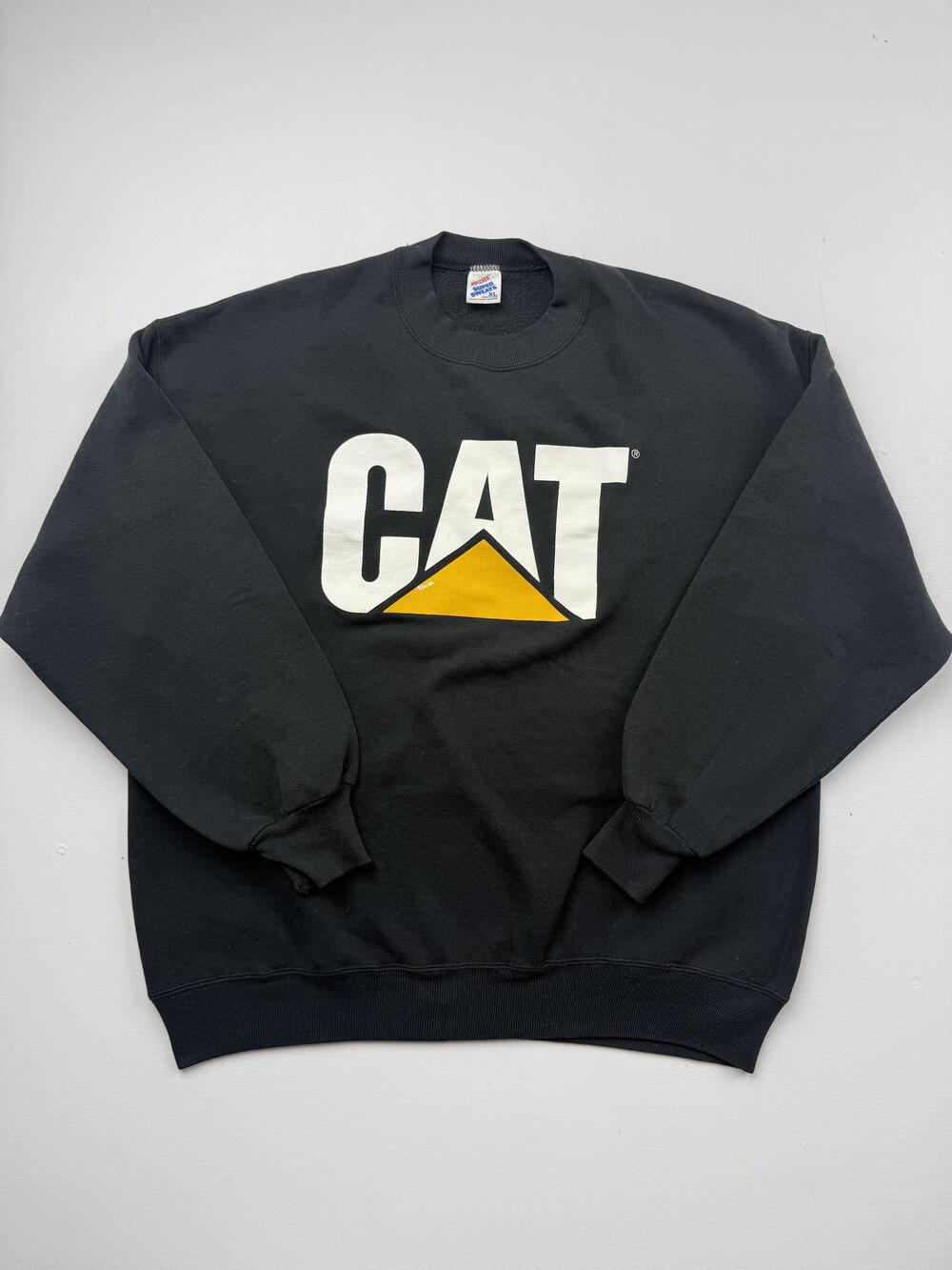 Vintage Jerzees Sweatshirt Mens XL Black Pullover Fleece CAT Logo USA Graphic
